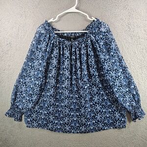 Talbots Plus Petite 2XP Blouse Blue Damask Metallic Stripe Smocked Cuff Top